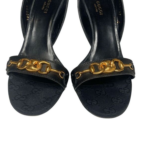 Gucci Black Monogram D’Orsay Heels Size 37C Gold Horsebit Chain Detail Authentic - Picture 5 of 12